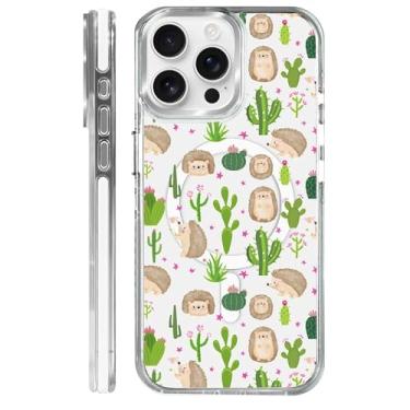 Imagem de MQJCYB Capa magnética para iPhone 15 Pro Max Design em base transparente, compatível com MagSafe, capa protetora fina de TPU macio para celular feminina e meninas para iPhone 15 Pro Max-Clear Cactus