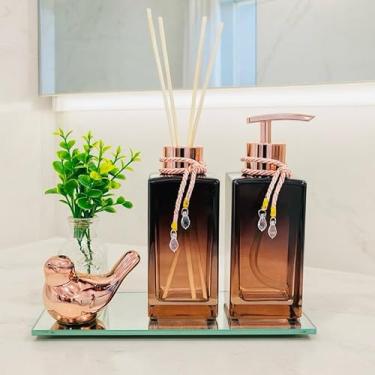 Imagem de Kit Banheiro Lavabo Completo Vidro Degrade Luxuoso Com Bandeja Vasinho Passarinho (Preto com Rosê)