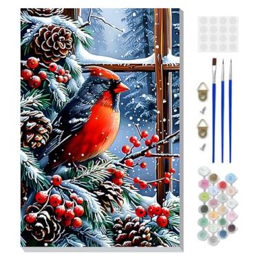 Imagem de DOMROM Kit de pintura emoldurada de Natal por números para adultos com cavalete de madeira, kit de pintura cardeal por números para iniciantes, kits de pintura a óleo DIY para decoração de parede de