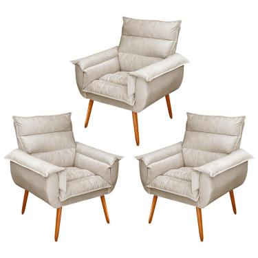 Imagem de Kit 03 Poltronas Decorativas Modernas Sala e Recepção Monza Pés Palito Suede Bege - Desk Design