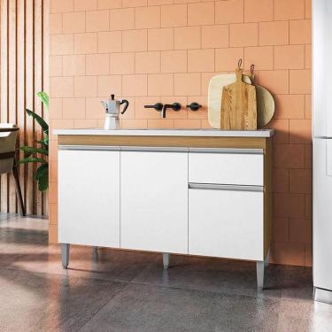 Imagem de Balcão De Pia Ambiente Tatiane 120cm Amêndoa Branco - Ajl