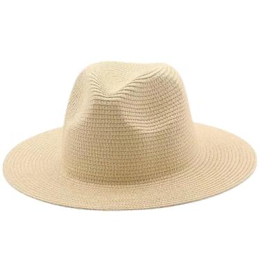 Imagem de Chapéu de palha Panamá de verão masculino e feminino, aba larga, proteção UV, chapéu Fedora Bege 56-58 cm
