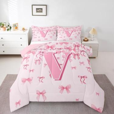 Imagem de jejeloiu Conjunto de cama com laço rosa, macio, para meninos e meninas, solteiro, letra V, edredom de microfibra, monograma, para decoração de quarto, 2 peças com 1 fronha