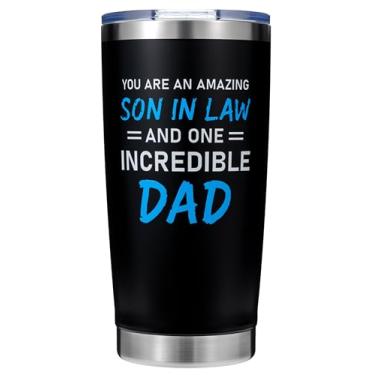 Imagem de Rmeosye Copo de presente para genro da mãe ou do pai na lei, You Are an Amazing Son in Law and One Incredible Dad Tumbler, caneca de viagem isolada de aço inoxidável de 590 ml, presente de aniversário