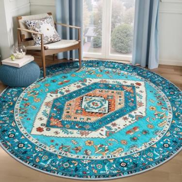 Imagem de SERISSA Tapete Boho redondo, tapete circular lavável antiderrapante de 1,8 m, ultramacio, oriental, vintage, azul, baixa película, para quarto, entrada, quarto de crianças, escritório, faculdade