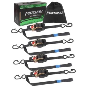 Imagem de MOTO4U Pacote com 4 correias de catraca retráteis automáticas | 2,5 cm x 3 m (resistência à ruptura de 680 kg) | Correias de amarração para motocicletas resistentes com laços macios integrados para