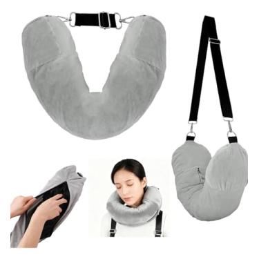 Imagem de Travesseiro de viagem de 10 L para bagagem extra, bolsa de armazenamento de veludo para pescoço de viagem com tamanho de pescoço ajustável, serve para cerca de 6 camisetas, Cinza, 7" x 31"