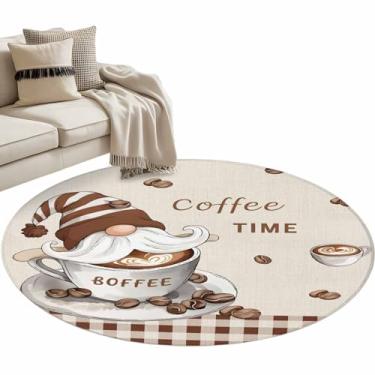 Imagem de Tapete redondo de 0,9 m Coffee Time Gnomo, tapete para área interna, tapete à prova de manchas, tapetes circulares para sala de estar, sala de jantar, cozinha, quarto, café, búfalo, xadrez, sofá