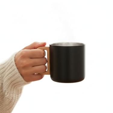 Imagem de Caneca Térmica 400ml Parede Dupla com Alça de Bambu Preta - Café e Chá