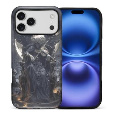 Imagem de WANKBLC Capa fosca compatível com iPhone 17 Pro Max para meninas e meninos, design de corpo inteiro, silicone macio, proteção contra arranhões, padrão maluco, preto, Grim Reaper, violino, asas e lua