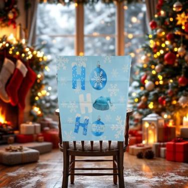 Imagem de 1 capa para cadeira de jantar, estampa de globo de neve, linho, azul, 58 x 49 cm