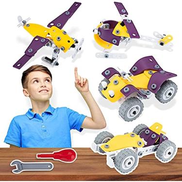 Imagem de Blocos de construção de atividades STEM, conjunto educacional motorizado de 98 peças, brinquedos de engenharia criativa, 4 em 1 DIY melhor kit de presente de brinquedo de construção de aprendizagem para crianças, meninos de 5 a 12 anos, meninas