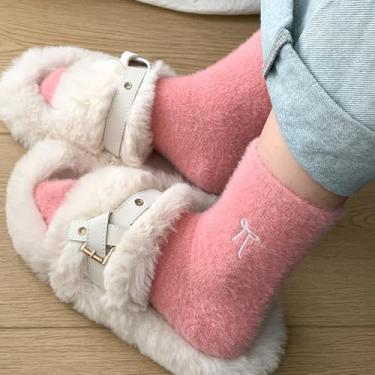 Imagem de Meias femininas com laço felpudo So cks para o inverno, meias macias e grossas para dormir em casa, roupas quentes de inverno, Rosa escuro, Medium