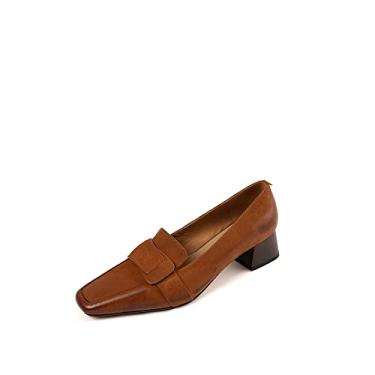 Imagem de TinaCus Mocassins femininos de couro legítimo com bico quadrado feito à mão salto baixo grosso retrô, Marrom, 36