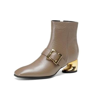 Imagem de TinaCus Bota feminina de bico quadrado com zíper lateral no tornozelo, couro legítimo, feita à mão, salto grosso, Caqui, 40