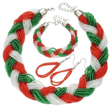Imagem de HWJQ Conjunto de colar de contas de sementes grossas em camadas largas com vários fios e contas de sementes trançadas, conjunto de colar e brincos de gargantilha de Natal para mulheres, Middle, contas