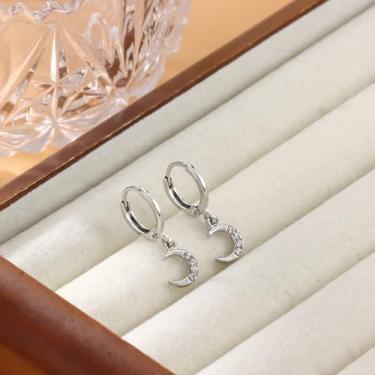 Imagem de Brincos de argola de lua banhados a prata para mulheres com zircônia cúbica leves pendentes pequenos brincos delicados