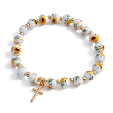 Imagem de ZHDHDQ Pulseira com pingente de cruz para mulheres, pulseira floral vintage antiga com contas e cruz elástica estética religiosa cristã primeira comunhão batismo confirmação presentes joias presentes