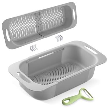 Imagem de Blue Muumy Escorredor extensível estendido sobre a pia, lavar legumes frutas coador dobrável, 37-49 cm, acessórios extensíveis de pia de cozinha para secagem de pratos, cesta de legumes, com