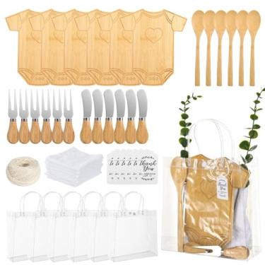 Imagem de Conjunto de 55 peças de tábua de queijo em forma de macacão de madeira – Kit completo de charcutaria com mini tábuas, colheres, garfos e toalhas, presente ideal para prêmios de chá de bebê e