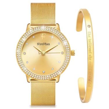 Imagem de Afcrho Relógio feminino - Relógio analógico de cristal de aço inoxidável com pulseira - ouro