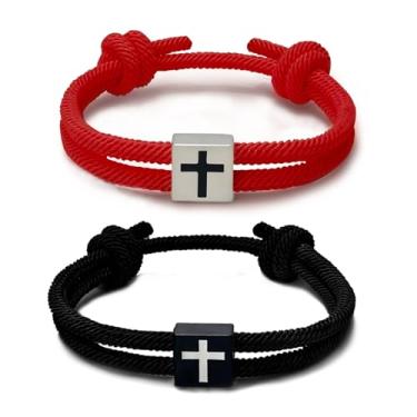 Imagem de BHDJSHX 2 pulseiras trançadas cruzadas, pulseira cristã ajustável para homens. Pulseiras modernas de Jesus. Presentes cristãos para homens e mulheres, combinação de cores da moda, Black & Red, Liga de