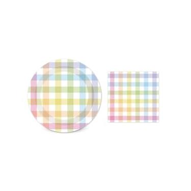 Imagem de Whaline Os conjuntos de utensílios de mesa de Páscoa servem 61 cm pratos de papel descartáveis xadrez pastel com guardanapos de papel de almoço decorativos para artigos de festa de primavera, 48 peças