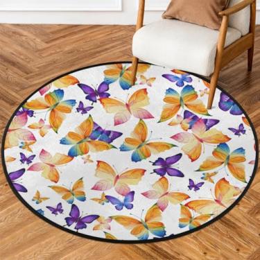Imagem de Tapete redondo de 3 m borboleta laranja roxo animal macio tapete de área circular antiderrapante lavável tapete de porta para interior quarto berçário sala de estar cozinha banheiro entrada casa