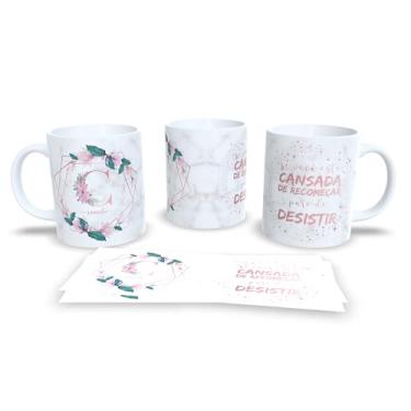 Imagem de Caneca Decorativa com Flores, Cerâmica Branca, 325ml, Design Floral Rosa e Verde, Frase Motivacional em Português (c)