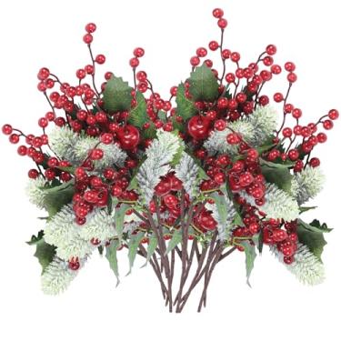 Imagem de Dingion 20 peças de galhos artificiais de Natal – 21,8 cm, hastes de bagas vermelhas, artesanato faça você mesmo, palhetas de frutas vermelhas para enfeites de árvore de Natal, guirlanda, vaso para