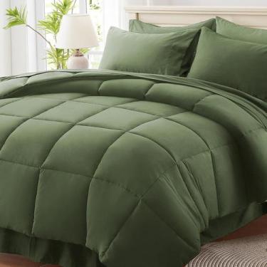 Imagem de Juego de edredón Anluoer tamaño full color verde oliva 7 piezas