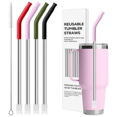 Imagem de Bluwing Canudos de aço inoxidável para copo YETI de 1,2 l, 4 peças de canudos de metal reutilizáveis com ponta de silicone para YETI de 1,2 l, copo Stanley de 850 g (cor 3)