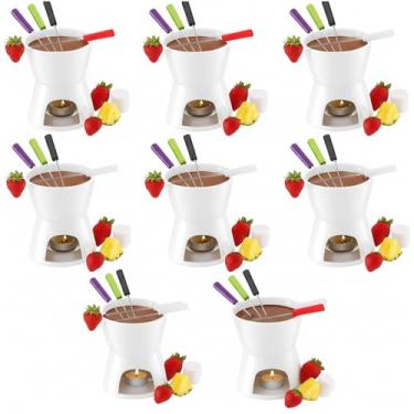 Imagem de Mudder Conjunto de 8 mini panelas de fondue com 32 garfos codificados por cores, canecas de chá de porcelana para chocolate, queijo e sobremesa, conjunto de panela pequena de fondue para festas de