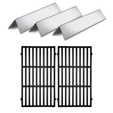Imagem de Pacote com 3 placas térmicas de barras aromatizantes de aço inoxidável 7635 com 2 unidades de grelhas de ferro fundido 7637 para churrasqueiras a gás Weber Spirit E-210, Spirit 200, Spirit II E210