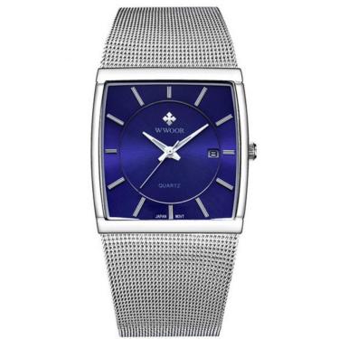 Imagem de Relógio De Quartzo Masculino Design Quadrado De Malha De Aço Inoxidavel Impermeável Azul Prata