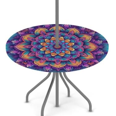 Imagem de Toalha de mesa para uso ao ar livre com orifício para guarda-chuva, toalha de mesa redonda boho mandala com zíper oculto, capa de mesa de piquenique elástica primavera verão capa de mesa de