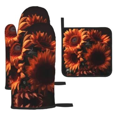 Imagem de Padrão de girassol – Conjunto de cozinha essencial com 3 peças, luvas resistentes ao calor e alça de tampa, proteção para churrasco no forno, design de armazenamento suspenso.