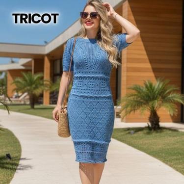Imagem de Vestido Midi Tricot Vazado Manga Curta - Vitrine Collection, Azul bebê