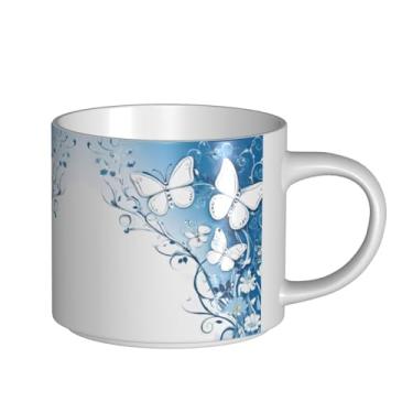 Imagem de ZERAOKE Flores e borboletas - Caneca grande de cerâmica impressa para café, capacidade grande para escritório e casa, pode ser lavada na lava-louças, design com alça em C.