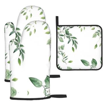Imagem de Folhas de eucalipto – Conjunto de cozinha essencial com 3 peças, luvas resistentes ao calor e aderência da tampa, proteção para churrasco no forno, design de armazenamento suspenso.