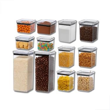 Imagem de Kit 12 Potes Herméticos Empilháveis de Acrílico para Mantimentos | 2un de 2,2L + 6un de 1L + 4un de 480ml | Organizadores Quadrados para Cozinha