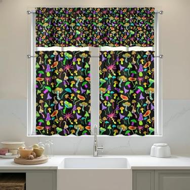 Imagem de sgqjdpmc Conjunto de 3 cortinas de cozinha de cogumelo e sanefas para decoração de cozinha, janelas sobre a pia, cortinas de arte de fazenda, 70 x 91 cm