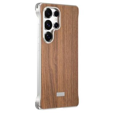 Imagem de FWYANZH Capa magnética para Samsung Galaxy S25 Ultra, capa de madeira de nogueira de metal de grau militar à prova de choque sem moldura capa de proteção, prata, S25 Ultra