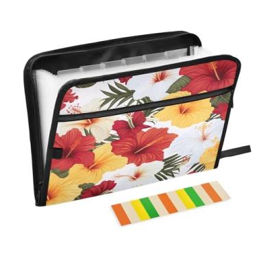 Imagem de Wassud Pasta organizadora de arquivos sanfonada de flores vermelhas e amarelas A4, pasta organizadora de documentos, pasta de arquivos expansível, 13 bolsos