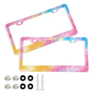 Imagem de CEBUGI Pacote com 2 molduras de placa de carro de alumínio capas de moldura de placa de carro com 2 furos fundo colorido acessórios automotivos para placas dianteiras e traseiras orifício elíptico