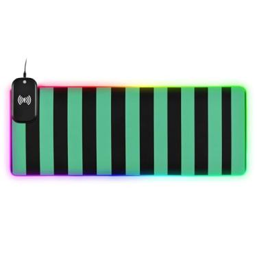 Imagem de CEBUGI Mouse pad de carregamento sem fio com listras verticais verdes de 15 W com iluminação LED RGB 14 para jogos, MacBook, PC, laptop, mesa | 80 x 30 cm