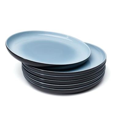 Imagem de Sweese Conjunto de 6 pratos de jantar de porcelana, conjunto de pratos redondos leves de 25,4 cm - lava-louças, micro-ondas, forno seguro, resistente a arranhões, pratos de cozinha - preto e azul