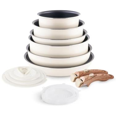 Imagem de Conjunto de panelas e frigideiras antiaderentes – Conjunto de panelas e frigideiras empilháveis da YIIFEEO com cabo removível, frigideiras antiaderentes não tóxicas para presente