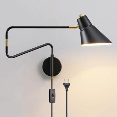 Imagem de Luminária de parede giratória com interruptor e plugue, preta, estilo retrô industrial, ajustável, com braço longo e cabo de alimentação, ideal para leitura em ambientes internos, como quart