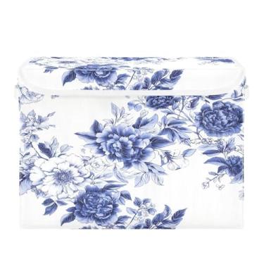 Imagem de CEBUGI Caixas de armazenamento com tampas, caixa de armazenamento de tecido dobrável, azul e branco, caixas organizadoras de cubo floral para armário de casa prateleiras de quarto 40 x 30 x 39 cm
